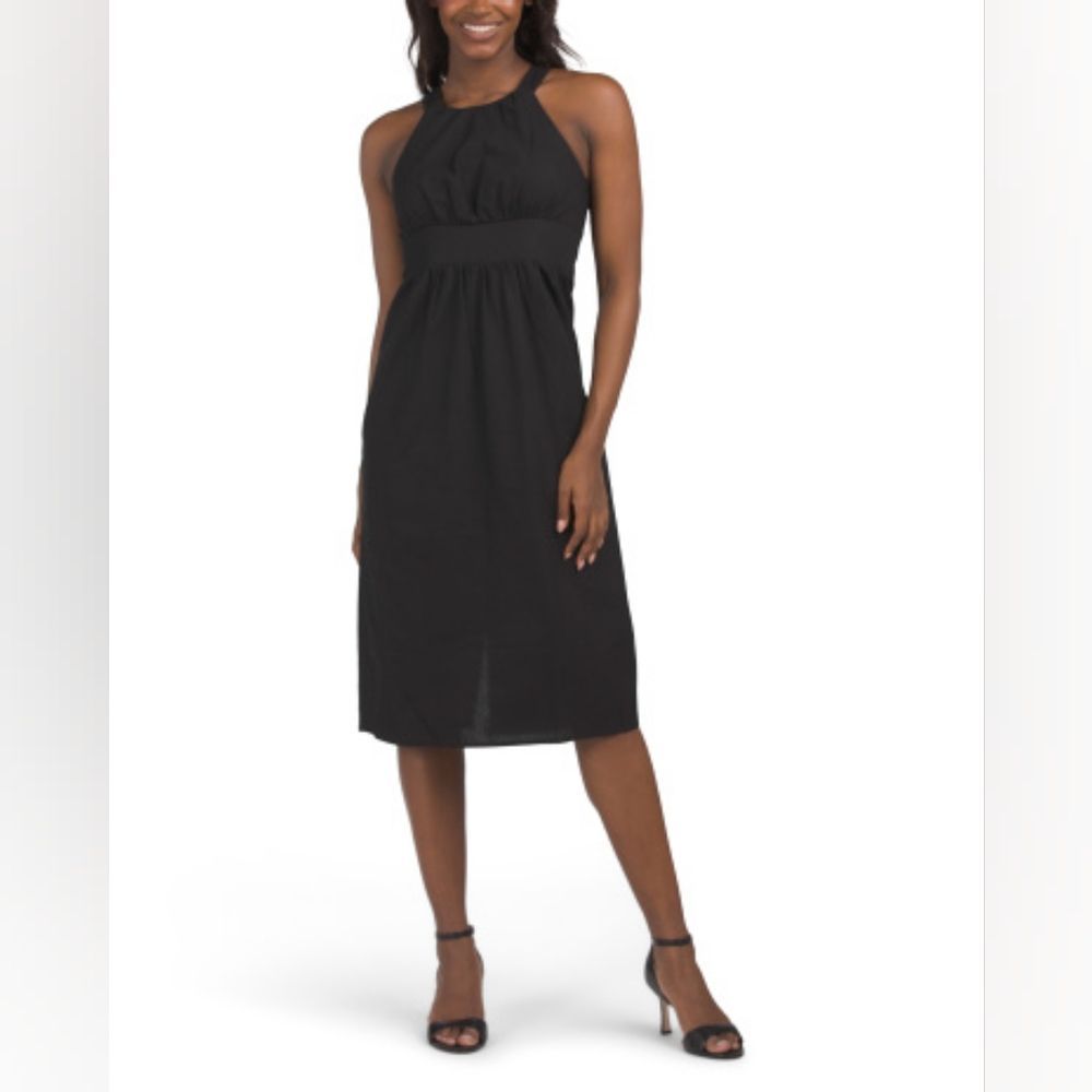 NWT - London Times Black Linen Blend Smocked Back Panel Midi Halter Dress - 16
